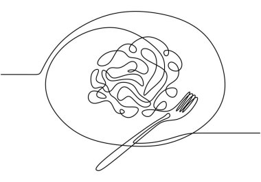 Makarna ve makarna. Bir tane sürekli çizgi çizimi. İtalyan yemeği konsepti. Beyaz arkaplanda izole edilmiş vektör illüstrasyon minimalisti.