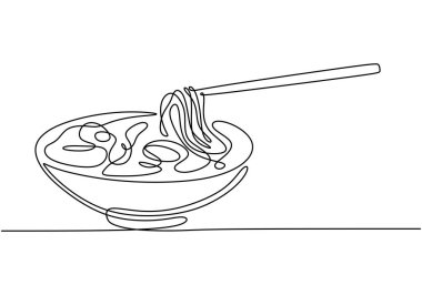 Ramen eriştesi aralıksız çizgi çiziyor. Asya yemekleri konsepti. Beyaz arkaplanda izole edilmiş vektör illüstrasyon minimalisti.