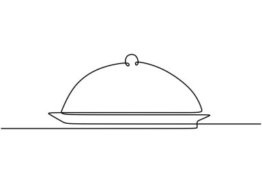 Yemek servisi sürekli çizgi çiziyor. Yemek ve restoran konsepti. Beyaz arkaplanda izole edilmiş vektör illüstrasyon minimalisti.