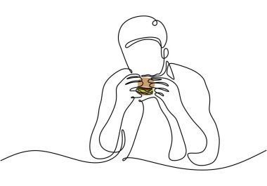 Adam sürekli çizim yapan hamburgerler yiyor. Yiyecek ve içecek konsepti. Beyaz arkaplanda izole edilmiş vektör illüstrasyon minimalisti.