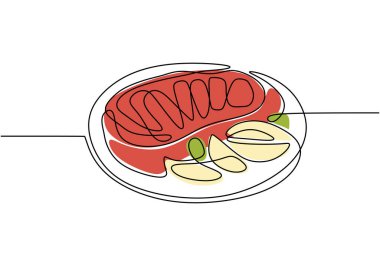 Biftek sürekli çizim halinde. Yemek konsepti. Beyaz arkaplanda izole edilmiş vektör illüstrasyon minimalisti.