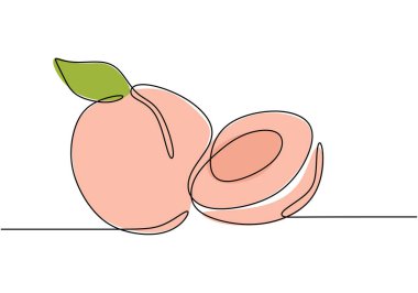 Şeftali aralıksız çizgi çizimi. Sağlıklı gıda konsepti. Beyaz arkaplanda izole edilmiş vektör illüstrasyon minimalisti.