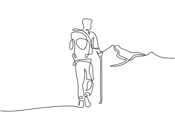 Tek başına yürüyen yürüyüşçü, dağa tırmanmak için bir sopa kullanarak sürekli bir çizgi çiziyordu. Minimalist vektör sanat tarzında dağa tırmanma özelliği.