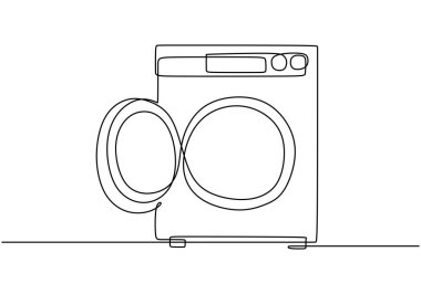 Çamaşır makinesi aralıksız tek çizgi çizerek resmedilmiş. Ev çamaşırları ve temizlik konsepti.