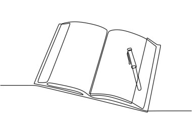 Devamlı tek satır çiziminde tasvir edilen üzerinde kalem olan açık bir kitap. Eğitim kavramı, yazma ve öğrenim alışkanlıklarını sembolize eder.