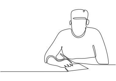 Sınavlar üzerinde çalışan öğrenciler sürekli tek bir çizgi çizerek resmedildiler. Öğrenimde odak ve değerlendirmeyi vurgulayan eğitim kavramı.