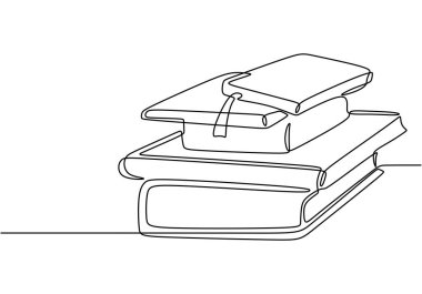 Devamlı tek satır çiziminde tasvir edilen kitap yığını. Bilgi ve öğrenmeyi vurgulayan eğitim kavramı.