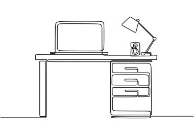 Sürekli bir çizgi çizerek çalışma masası. Çalışma alanı ve öğrenim ortamı için eğitim kavramı.