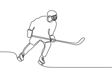Hokey oyuncusu aralıksız tek çizgi çizerek tasvir etti. Takım çalışmasını ve hokey hareketini vurgulayan spor aktivitesi kavramı.
