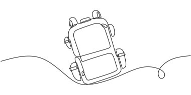 Sırt çantası sürekli tek bir çizimle çizilmiş. Öğrenciler ve okul malzemeleri için eğitim kavramı.