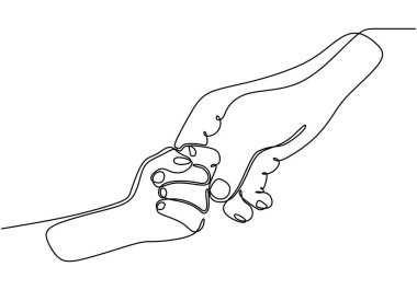 Yetişkin ve çocuk elleri aralıksız tek bir çizgi çizerek tasvir edilir. Ebeveynlik ve aile sembolü kavramı.