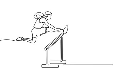 Sporcular engelleri aşarak sürekli tek çizgi çizerek koşuyorlar. Pistte bir engelin üzerinden atlayan sporcu, spor etkinliği konsepti yarışması.