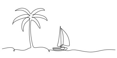 Sailboat and coconut palm tree illustrated in a single line drawing. Marine and beach relaxation concept for tropical and vacation designs. Minimalist vector illustration. clipart