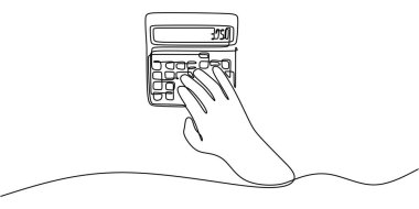 Sürekli tek bir çizgi çizerek çizilmiş bir hesap makinesini tutan el. Hesaplamalar ve finansmanı vurgulayan eğitim, matematik ve muhasebe kavramı.