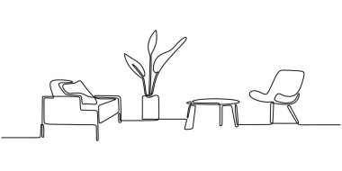 Oturma odası tek sıra halinde. Mobilya ve dekorasyon içeren ev tasarımı konsepti.