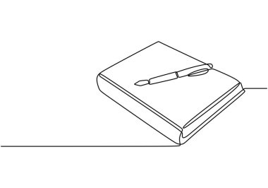 Kapalı bir kitap. Üstünde sürekli tek satır çizimi olan bir kalem var. Öğrenim materyallerini ve hazırlığı temsil eden eğitim kavramı.