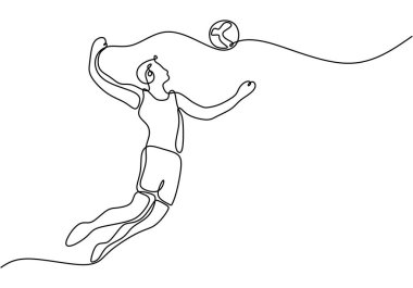 Voleybolda atlama hareketleri yapan bir adam sürekli tek çizgi çizerek resmedilir. Spor etkinliği kavramı sporda dinamik eylemi vurguluyor.