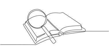 Aralıksız tek bir çizgi çizerek büyüteçle çizilmiş bir kitap. Araştırma ve keşfi vurgulayan eğitim ve araştırma bilgi kavramı.