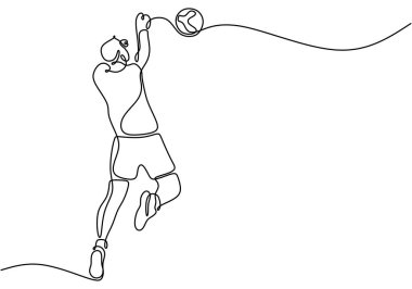 Voleybolda atlama hareketleri yapan bir adam sürekli tek bir çizgi çizerek tasvir edilir. Spor etkinliği konsepti atletizm ve oyun oyunları sergiliyor.