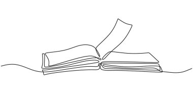 Aralıksız tek satır çiziminde tasvir edilen açık kitap. Okuma ve öğrenmeyi vurgulayan eğitim kavramı.