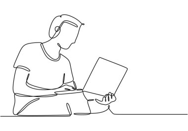 Öğrenciler dizüstü bilgisayarlar kullanarak sürekli tek bir çizgi çiziyorlar. Modern öğrenim ortamlarında teknolojiyi vurgulayan eğitim kavramı.