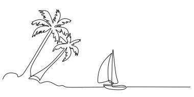 Yelkenli ve hindistan cevizi palmiyesi sürekli tek bir çizgi çizerek resmedilmiş. El çizimi sahil manzaralı tatil ve seyahat konsepti.