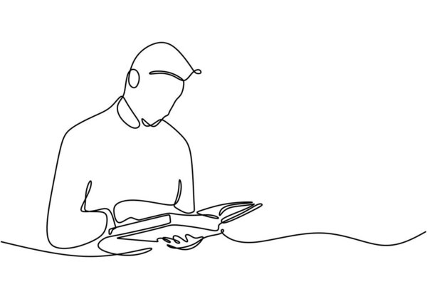 Student reading a book depicted in continuous one line drawing. Education concept representing the joy of reading and learning.