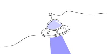 UFO uçan dairesi sürekli tek çizgi çiziyor. Dünya dışı temaları temsil eden minimalist uzay nesnesi çizimi.