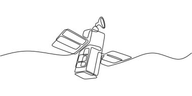 Uydu sürekli bir çizgi çizerek yörüngede dönüyor. Teknoloji ve keşif için minimalist tarzda uzay kavramı.