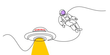 Astronaut flying with a UFO in continuous one line drawing. Minimalist space adventure concept highlighting UFOs. clipart