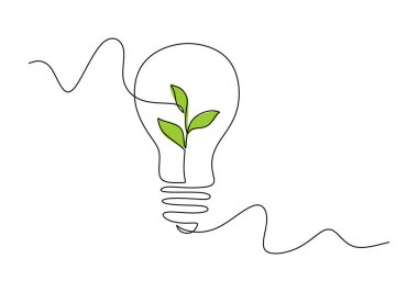 Yapraklı ampul aralıksız bir çizgi çiziyor. Çevre dostu elektriği destekleyen yeşil enerji kavramını uygula.