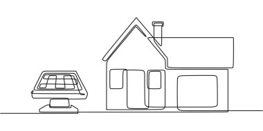 Güneş enerjisi bir eve sürekli tek bir çizgi çizerek güç veriyor. Yenilenebilir ev enerjisi çözümlerini gösteren yeşil enerji kavramı.