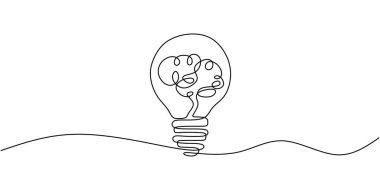 Sürekli çizim yapan bir beyin içeren ampul. Yaratıcı fikirler kavramı. El çizimi minimalist vektör çizimi.
