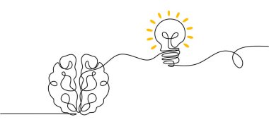 Sürekli tek bir çizgi çizerek parlayan bir ışık saçan beyin. Yenilikçi fikirlere odaklan. El çizimi minimalist vektör tasarımı.