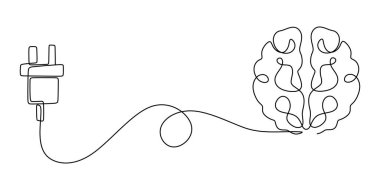 Devamlı tek bir çizgi çiziminde bir güç prizine bağlı beyin. Eğitim ve yenilik üzerine kurulmuş bir kavram. El yapımı minimalist tasarım.