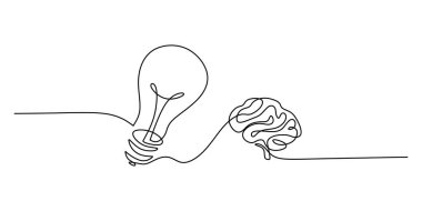 Beyin ve ampul aralıksız tek bir çizgi çizerek birlikte tasvir edilir. Yaratıcı fikirler kavramı. El çizimi minimalist vektör çizimi.