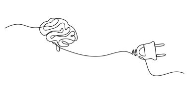 Kesintisiz bir tek çizgi çizimindeki elektrik prizine bağlı beyin. Eğitim ve yeniliğe odaklanma kavramı. El çizimi minimalist illüstrasyon.