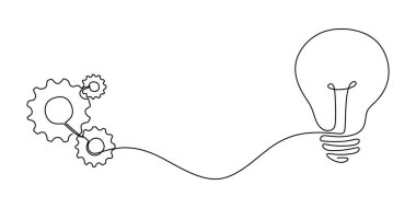 Devamlı tek bir çizgi çizerek bir ampule bağlı olarak vites değiştirmek. Fikirlere odaklı kavram. Minimalist el yapımı illüstrasyon.