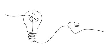 İçerideki bir bitkinin elektrik kablosuna bağlı olduğu ampul sürekli tek bir çizgi çiziyor. Fikirlere odaklı kavram. Minimalist el yapımı illüstrasyon.