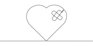Kalp aralıksız tek çizgi çizerek yamayla onarıldı. Aşk konsepti. El çizimi minimalist vektör tasarımı.