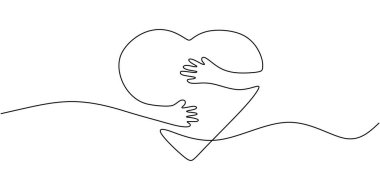 Bir kalbi tek bir çizgi halinde saran eller. Aşk kavramı. Minimalist elle çizilmiş vektör çizimi.