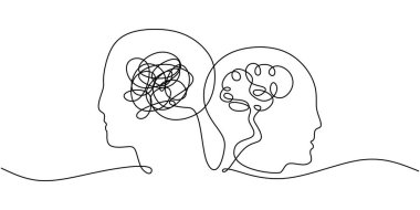 İnsan kafası, tek bir çizimde normal bir beynin yanında karmaşık bir beyin sergiliyor. Psikolojiyle ilgili kavram. El çizimi minimalist illüstrasyon.