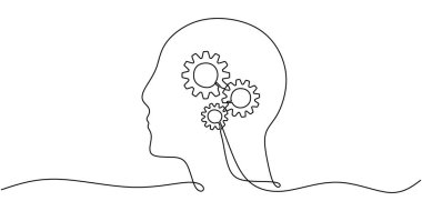 Human head with internal gears illustrated in a continuous one line drawing. Concept of psychology. Minimalist hand-drawn design. clipart