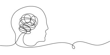 Human head illustrated with a complex brain in a continuous one line drawing. Concept related to psychology. Minimalist hand-drawn vector design. clipart