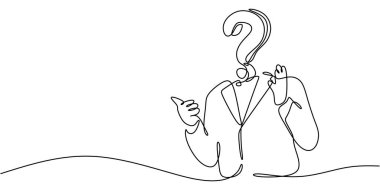 Human body with a question mark replacing the head in a continuous one line drawing. Concept of inspiration and ideas. Hand-drawn minimalist illustration. clipart