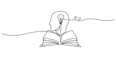 Bir adamın kafasının olduğu açık bir kitap ve içinde durmaksızın çizilmiş bir çizgi olan bir ampul. Eğitim ve ilham kavramı. Minimalist el yapımı illüstrasyon.