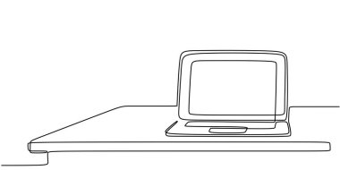 Çalışma masasında açık bir dizüstü bilgisayar vardı. Devamlı tek satırlık çizimlerle gösterilmişti. İş ve ofis kavramı. El yapımı minimalist tasarım.