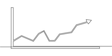 Yukarı doğru bir ok ile yükselen grafik aralıksız tek bir çizgi çiziyor. İş ve ofis kavramı. El çizimi minimalist illüstrasyon.