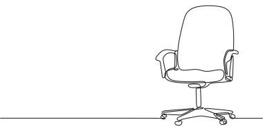 Tekerlekleri sürekli tek bir çizgi çizerek bir tarafa dönen ofis sandalyesi. İş ve ofis kavramı. El çizimi minimalist illüstrasyon.