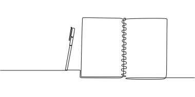 Gündem ya da yanında kalem olan bir günlük sürekli tek satır çiziminde resmedilmiş. İş ve ofis kavramı. El yapımı minimalist tasarım.